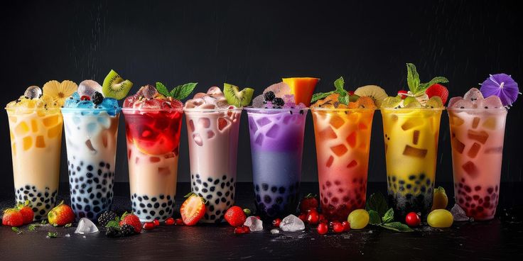 download colorful bubble tea drinks with boba pearls on a black countertop for free